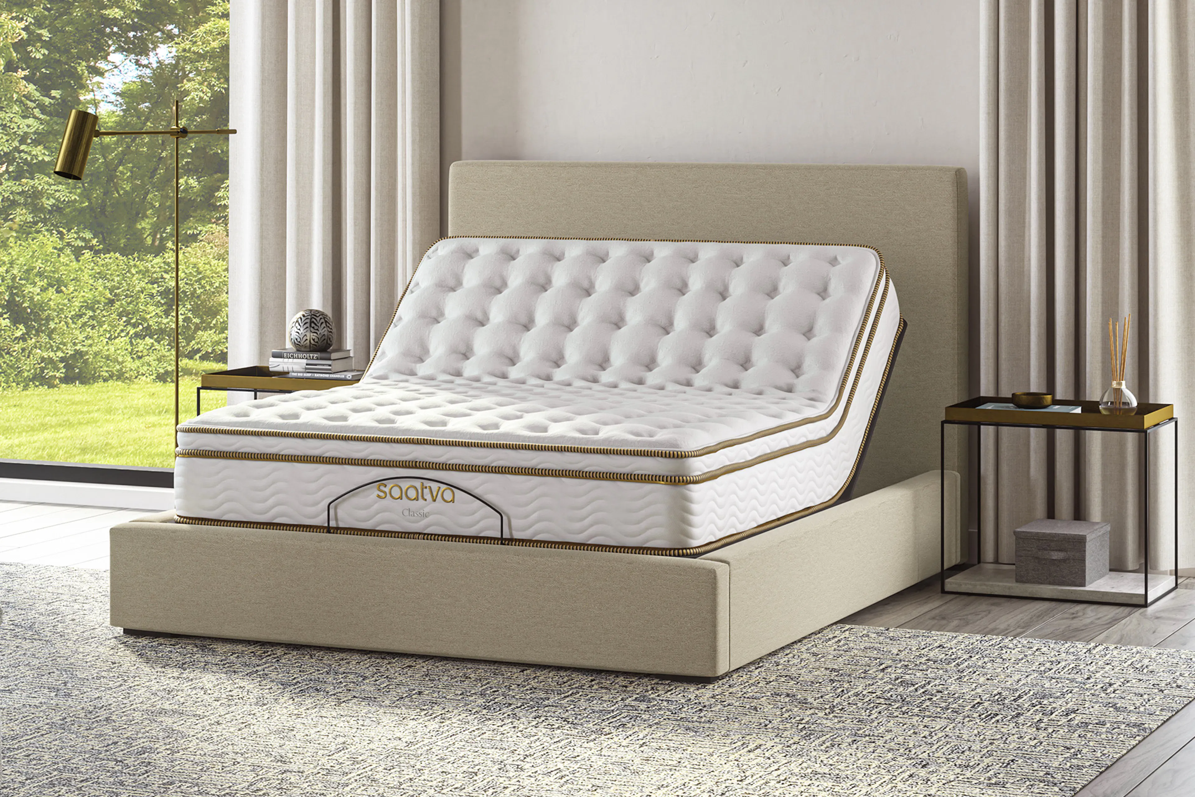 Adjustable bed with mattress in a modern bedroom