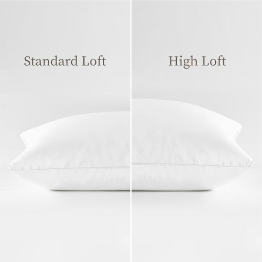 Pillow height comparison for the Down Chamber Pillow between standard loft (roughly 4 to 5 inches) and high loft (roughly 6 to 7 inches)