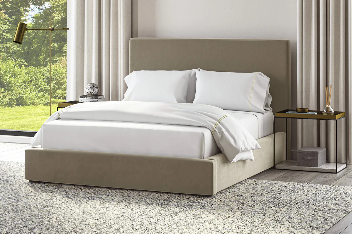 Saatva Halle bed frame in Taupe Linen — platform upholstered frame angled view