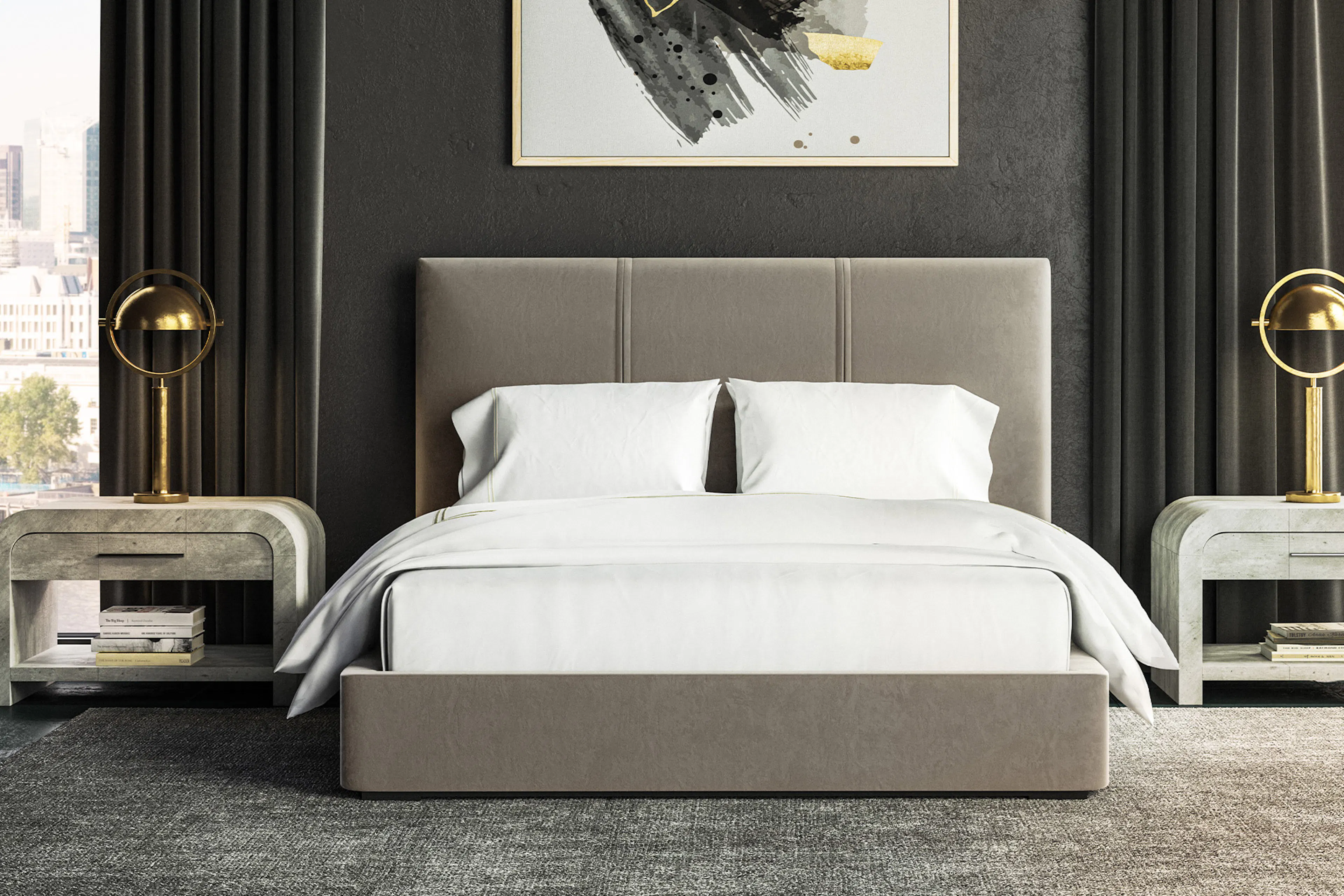 Bed with white sheets and pillows from an angle