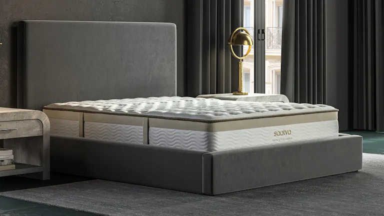 Saatva Memory Foam Hybrid mattress, shown at an angle