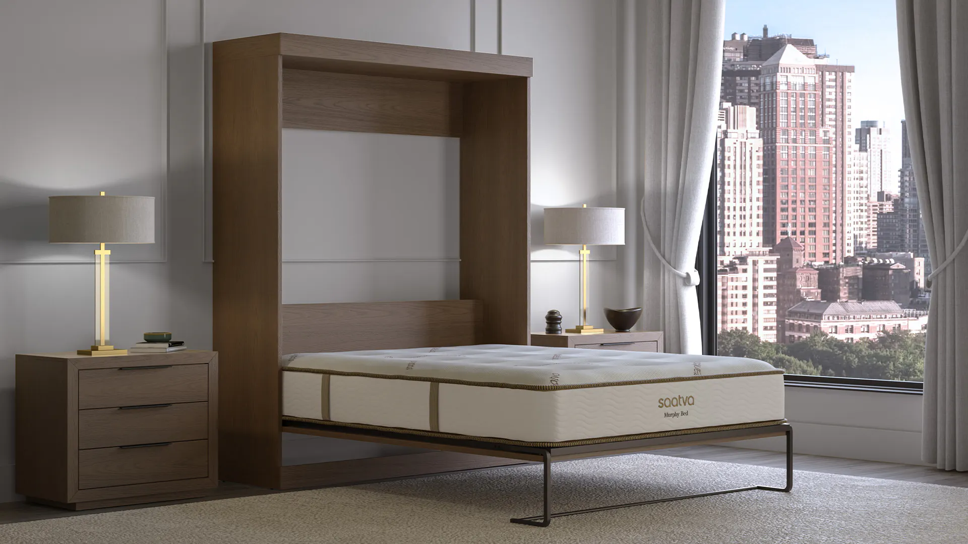 Modern bedroom with wooden bed frame and matching nightstands, large window with city view, two bedside lamps, and a mattress on a metal frame.