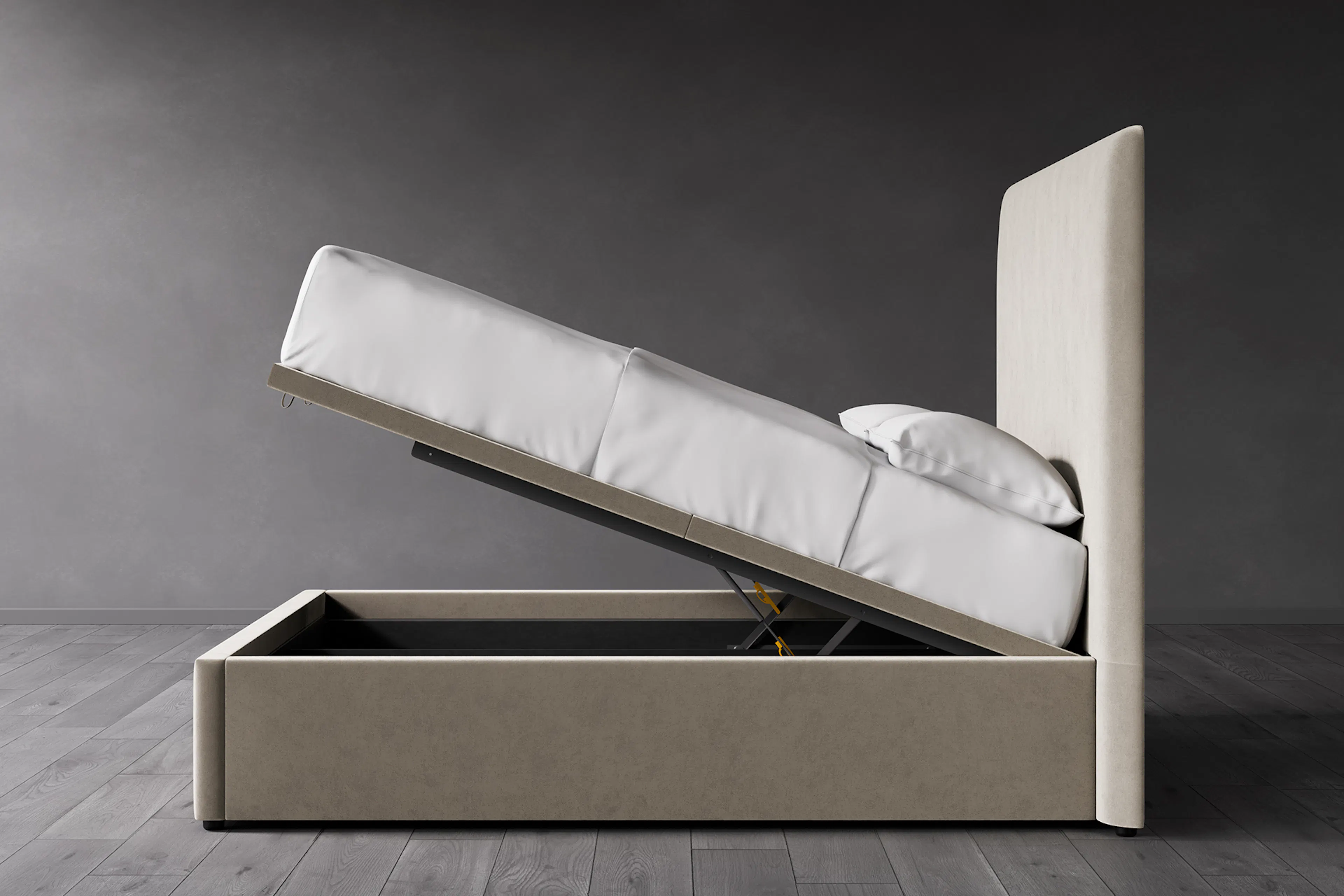 Side view of bed with mattress raised, storage interior visible.