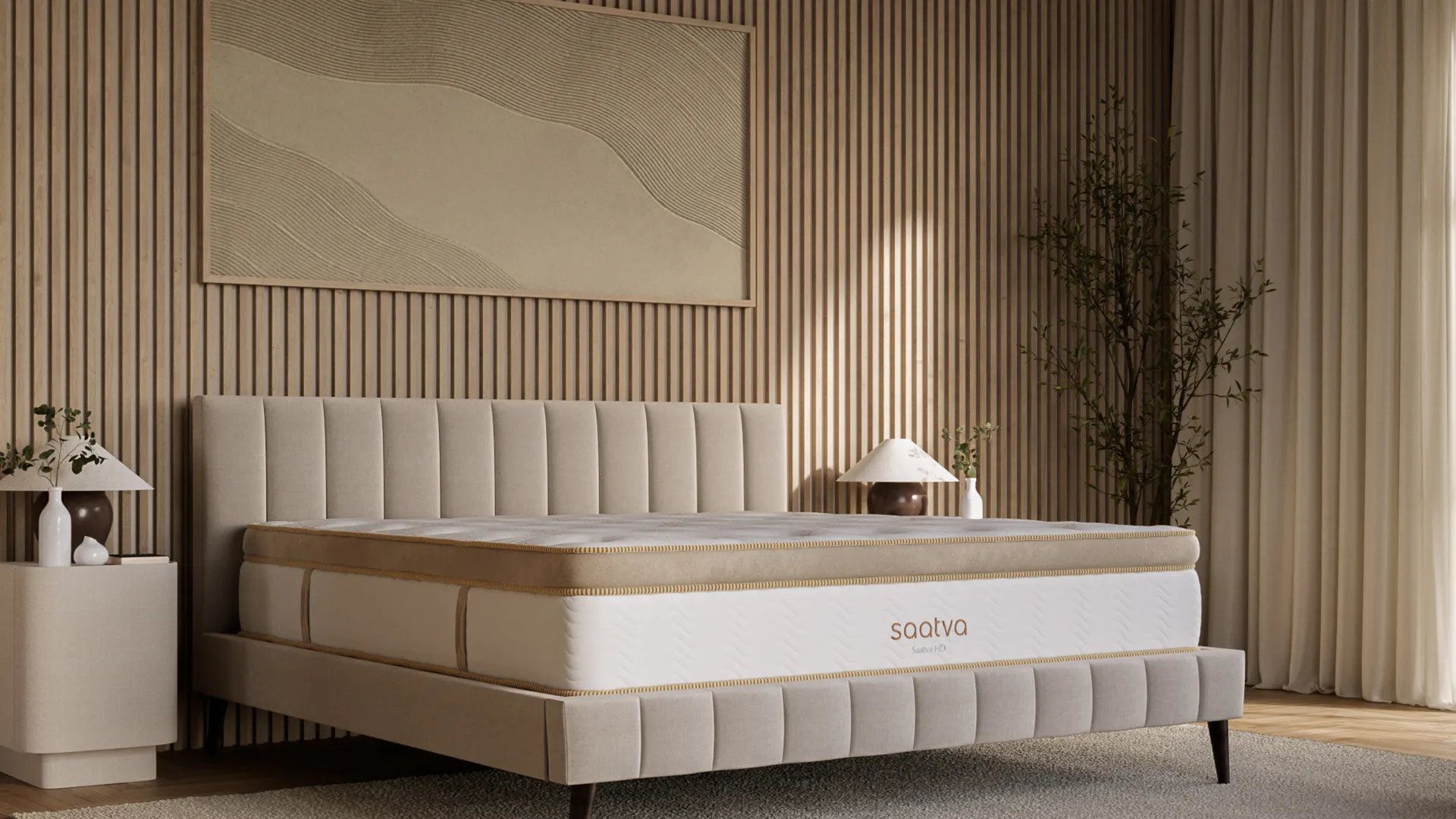 Saatva HD heavy-duty mattress shown at an angle on a platform bed