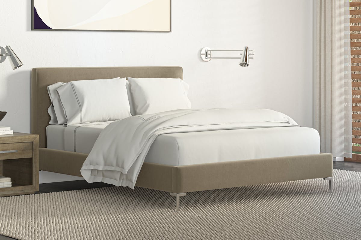 Saatva Santorini bed frame in taupe vintage velvet