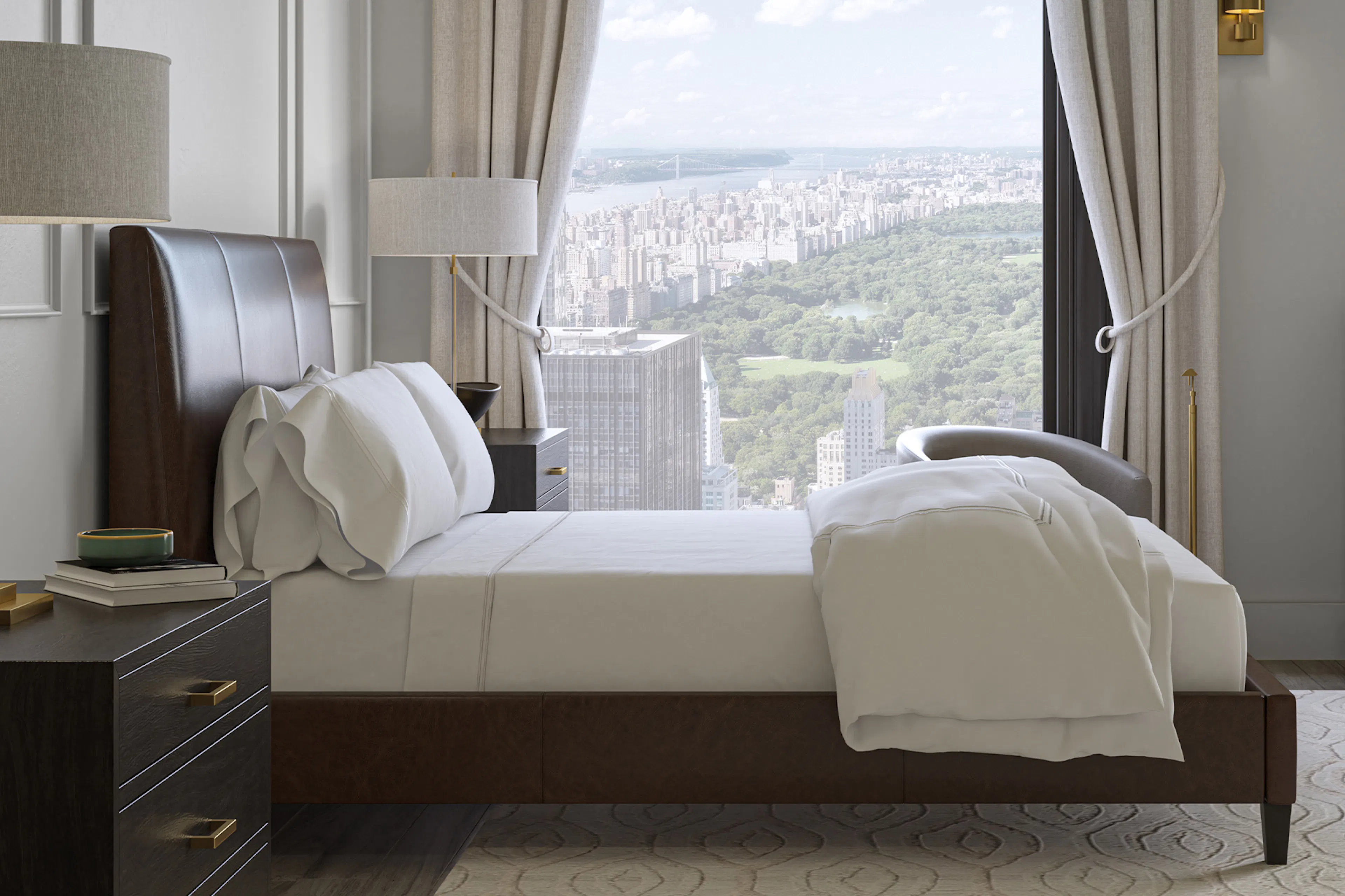 Brown leather bed frame without mattress or bedding